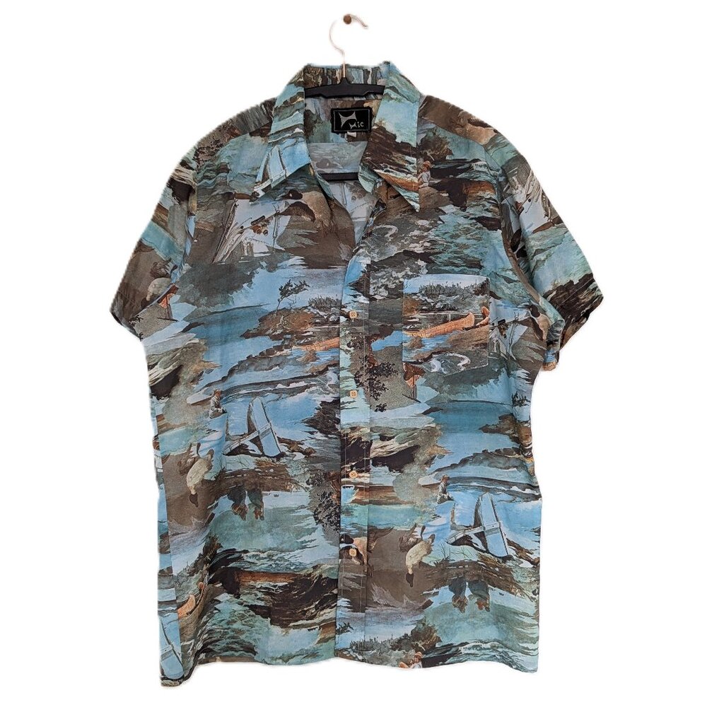 1970s Vintage Men's "Women‎ Sitting By the Beach" Button Shirt Sz Medium